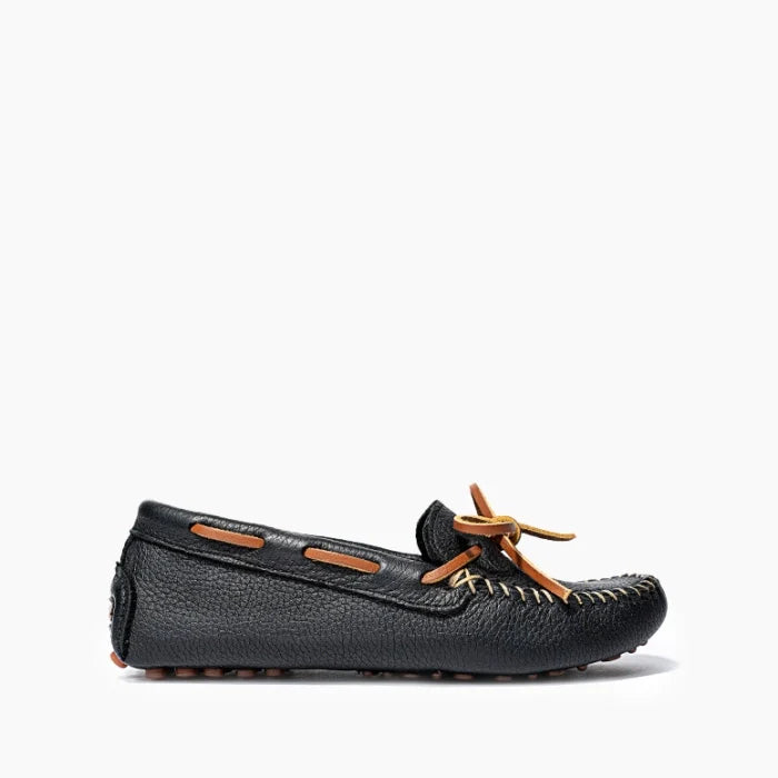 Minnetonka Classic Driver Moccasins for women in black leather with rawhide lace and rubber sole.