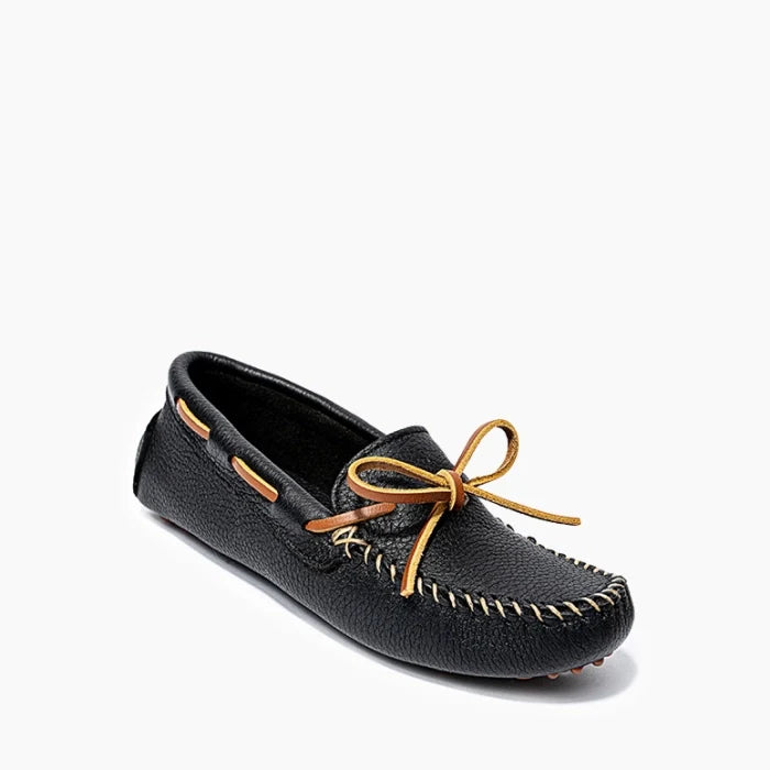 Minnetonka CLASSIC DRIVER moccasin for women in black leather with rawhide lace detail and rubber sole.