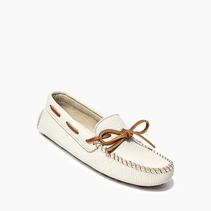 Minnetonka Classic Driver Moccasins for women in white with rawhide lace detail and rubber sole.
