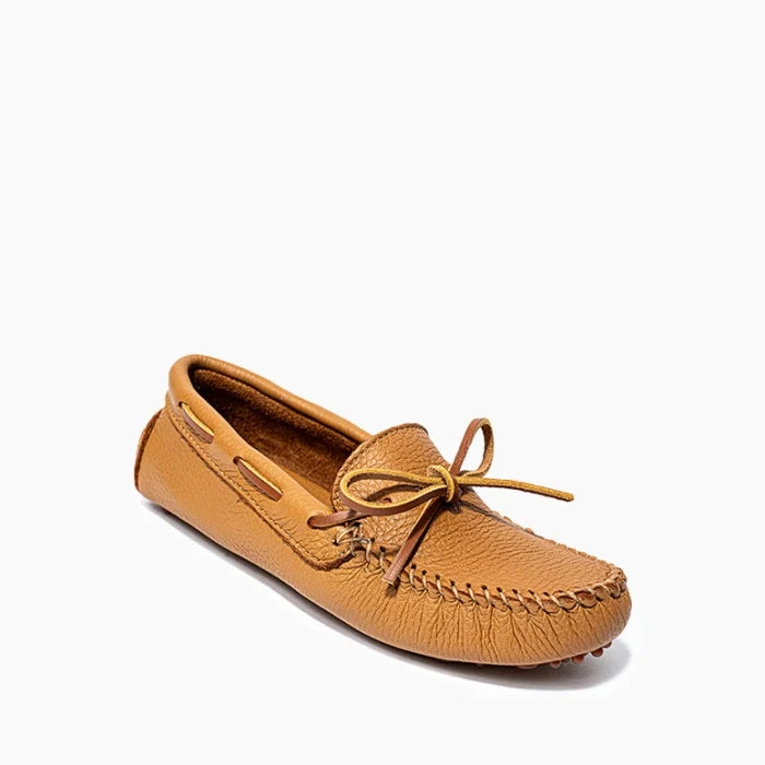 Minnetonka Classic Driver moccasin for women, handcrafted smooth leather, rawhide lace, durable rubber sole.