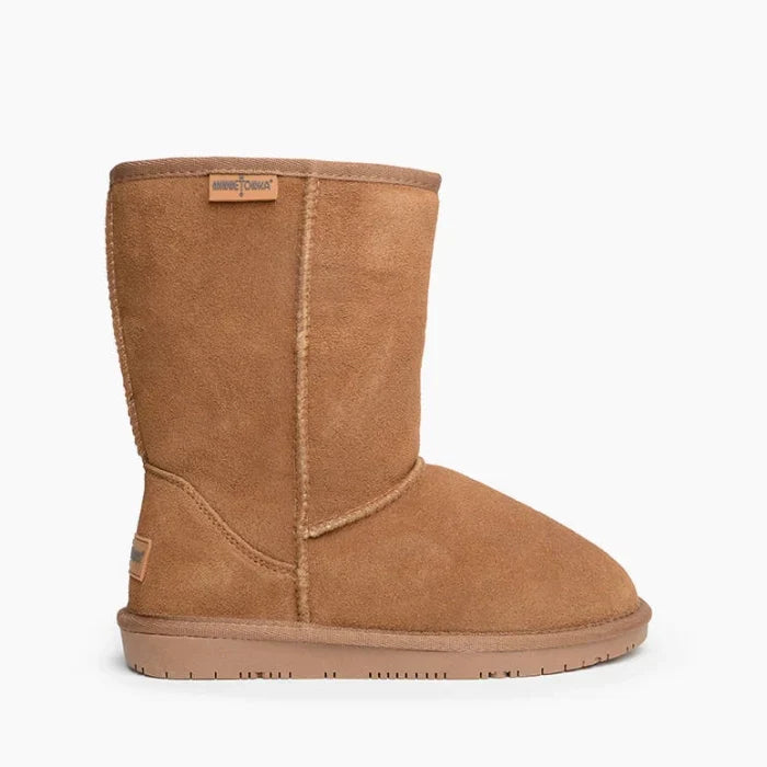 Pre Order Minnetonka OLYMPIA SHOES sheepskin boots with suede upper and rubber sole.