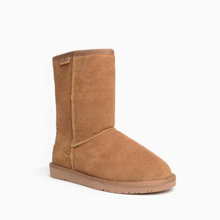 Minnetonka Olympia sheepskin boots with rubber sole and plush lining.