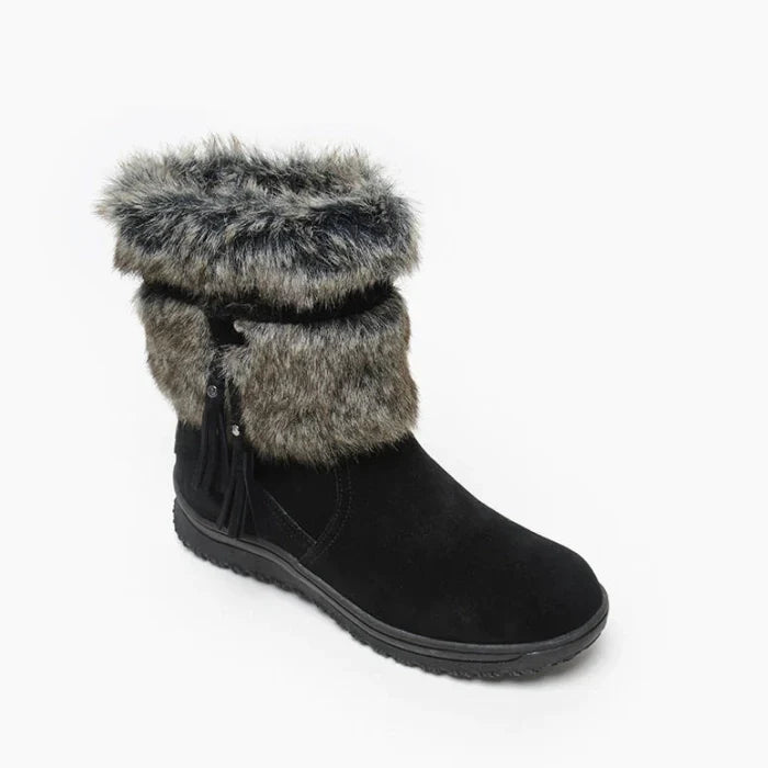 Pre Order Minnetonka Everett Shoes with faux fur collar and durable rubber sole.