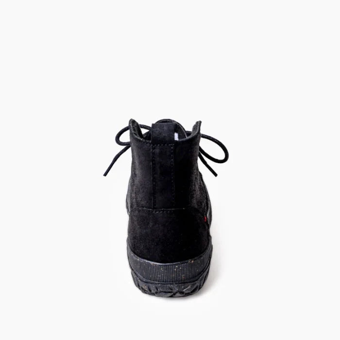 Pre Order Minnetonka Tealey Shoes - Black suede boot with MiniTREAD rubber sole and fleece lining, rear view.