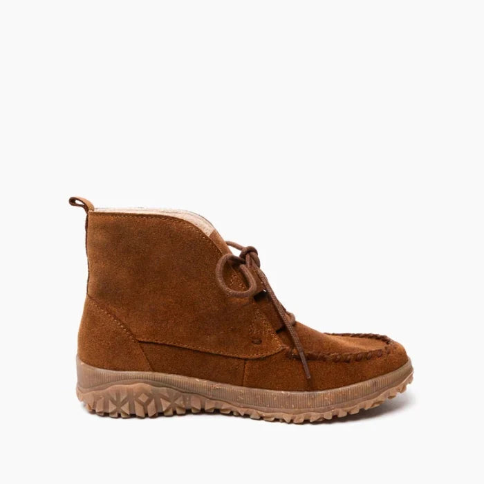 Minnetonka Tealey Shoes brown suede ankle boots with fleece lining and rugged rubber sole