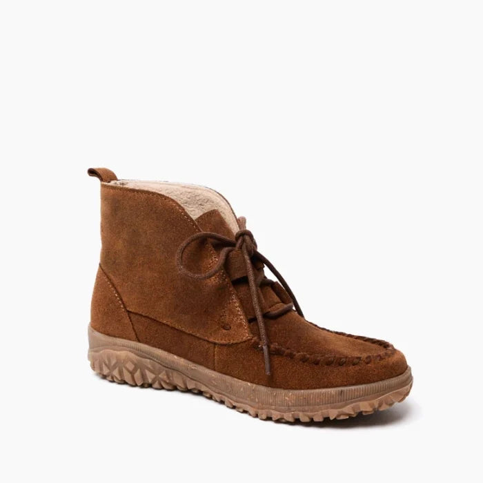 Pre Order Minnetonka Tealey Shoes, brown suede boots with fleece lining, MiniTREAD rubber sole.