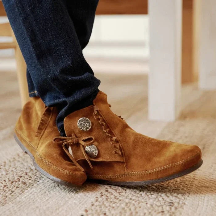 Mens suede Two Button Boot with metal conchos and flexible sole options
