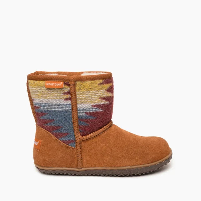 Pre Order Minnetonka TALI SHOES, premium suede, vibrant multi-pattern fabric, water-resistant, cushioned comfort, durable sole.