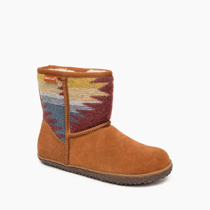 Pre Order Minnetonka TALI SHOES in premium suede with colorful multi-pattern fabric, durable sole, and water-resistant design.