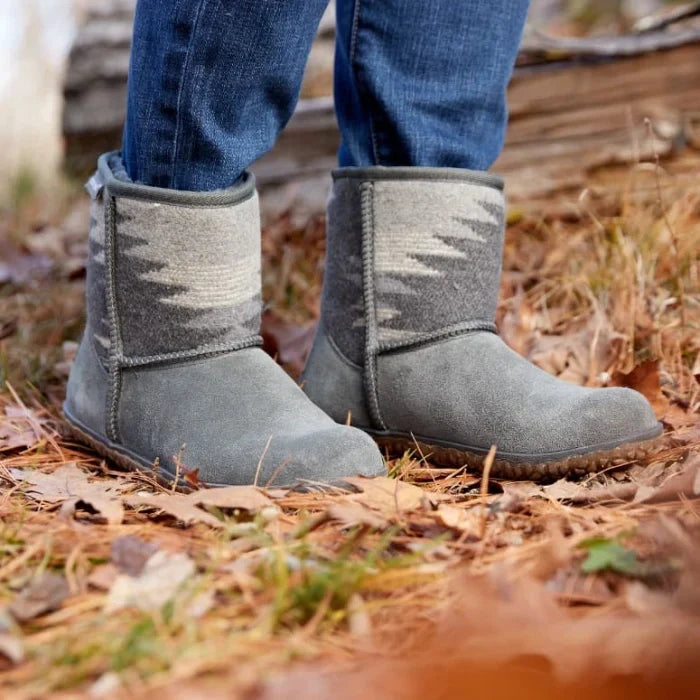 Minnetonka TALI SHOES in premium suede with unique multi-pattern fabric and durable MiniTREAD sole.