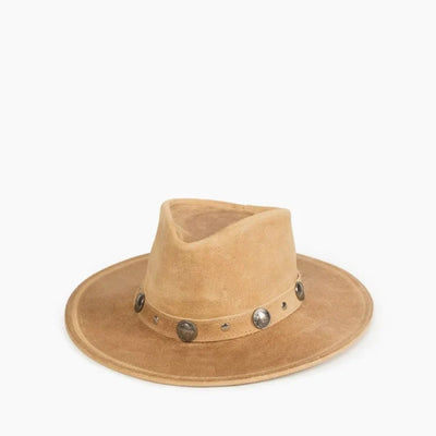 Buffalo Nickel Hat in tan leather with wide brim and buffalo nickel accents