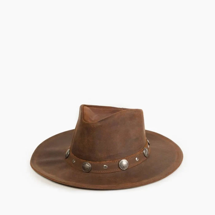 Buffalo Nickel Hat in genuine leather with wide brim and buffalo nickel accents