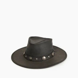Buffalo Nickel Hat in genuine leather with buffalo nickel accents and braided leather hatband, featuring a wide brim for sun protection and breathable design.