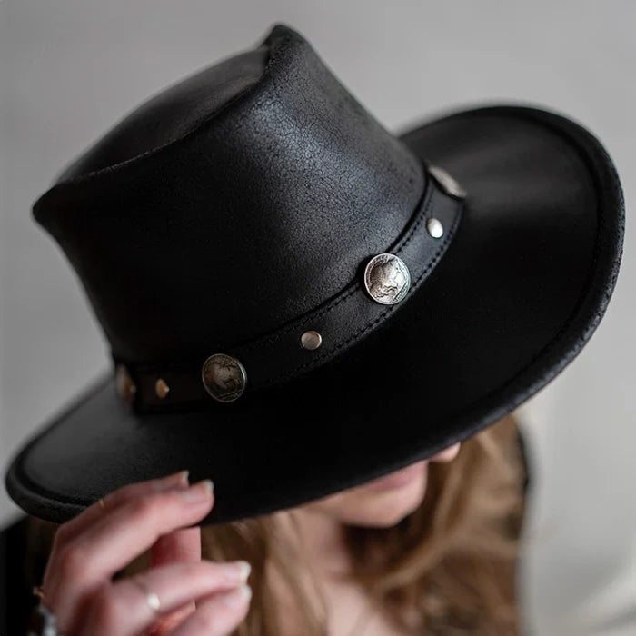 Black genuine leather Buffalo Nickel Hat with wide brim and buffalo nickel accents