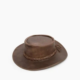 Pre-order Minnetonka Fold Up Hat in premium leather with braided hatband.