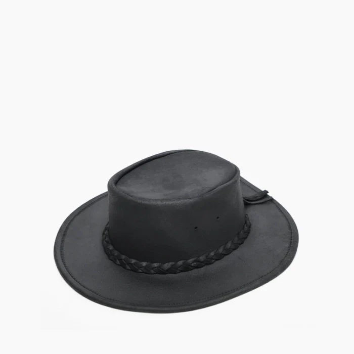 Minnetonka Fold Up Hat in black leather with braided hatband, foldable for easy storage.
