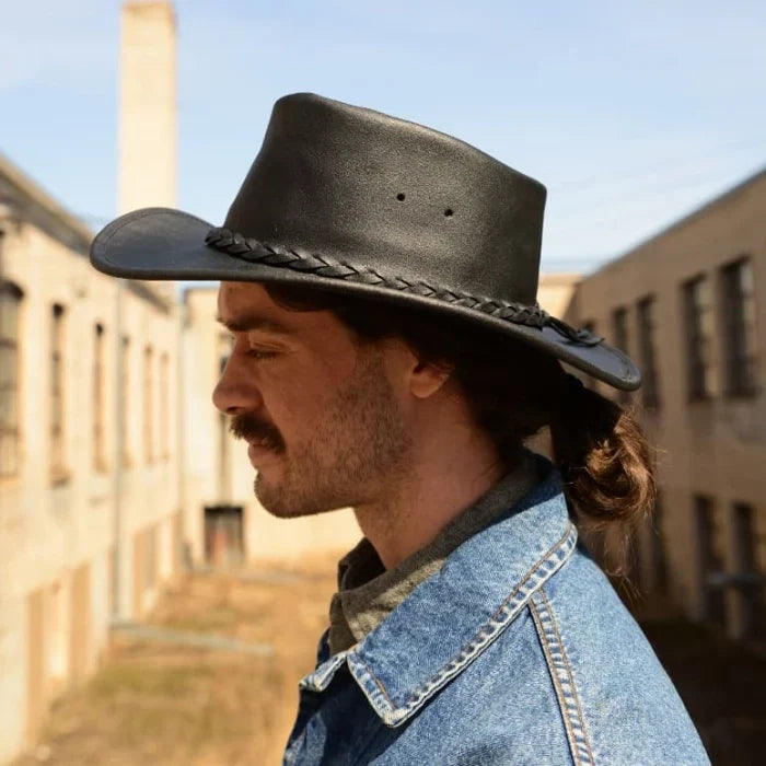 Pre-order Minnetonka Fold Up Hat made of premium leather with braided hatband and ventilation eyelets.