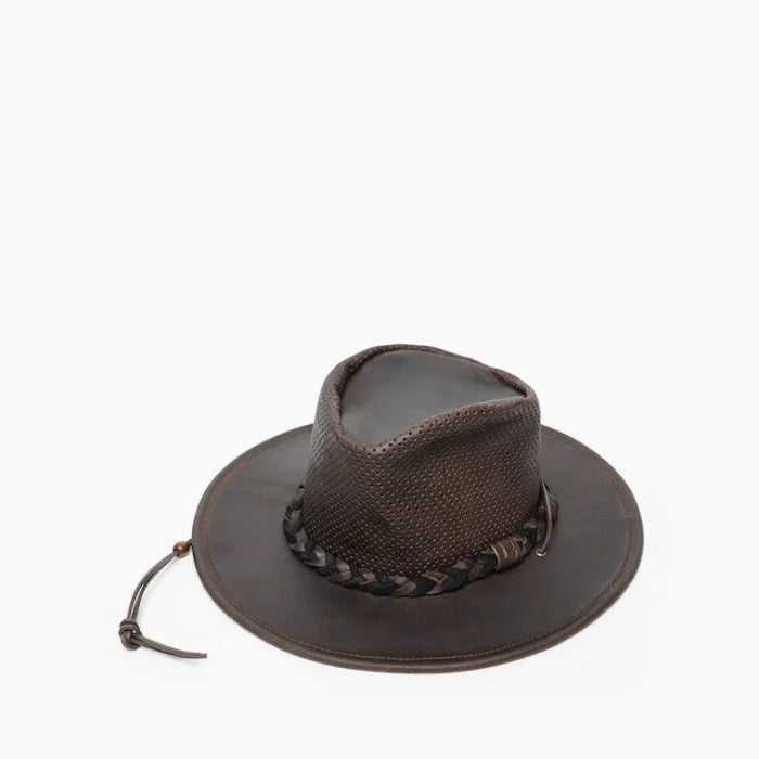 Airflow Fold Up Outback Hat with premium leather, breathable mesh crown, foldable design, braided leather hatband, and adjustable chin cord for sun protection and outdoor use.
