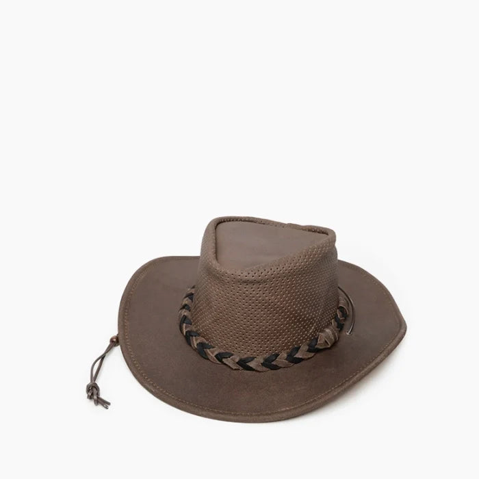 Airflow Fold Up Outback Hat in brown leather with breathable mesh crown and braided leather hatband