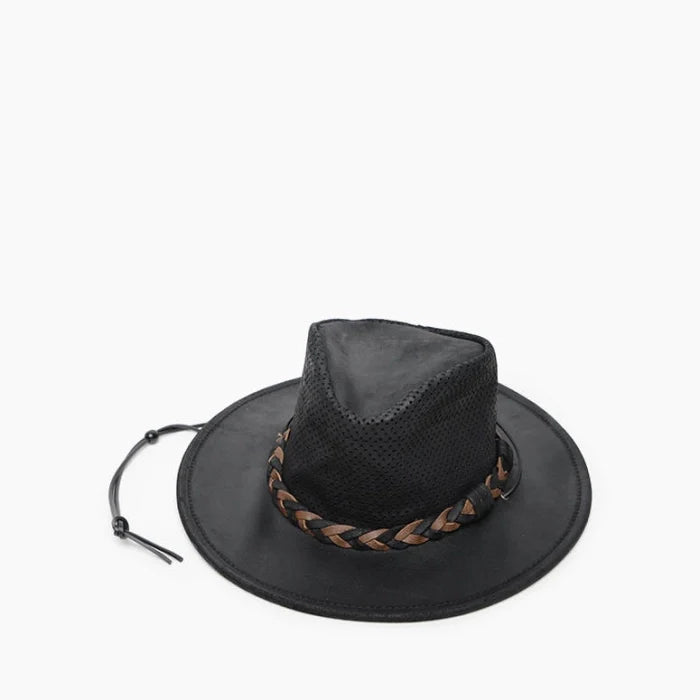 Black Airflow Fold Up Outback Hat with breathable mesh crown and braided leather band