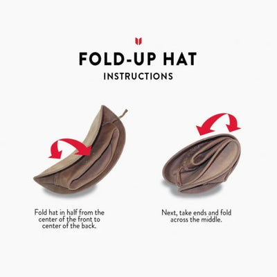 Instructions for folding the Airflow Fold Up Outback Hat showing step-by-step folding steps with arrows on a white background