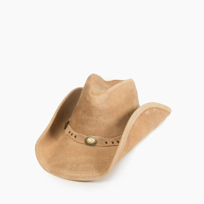 Brown leather Silverton Dude Hat with curved brim and decorative metal-accented hatband