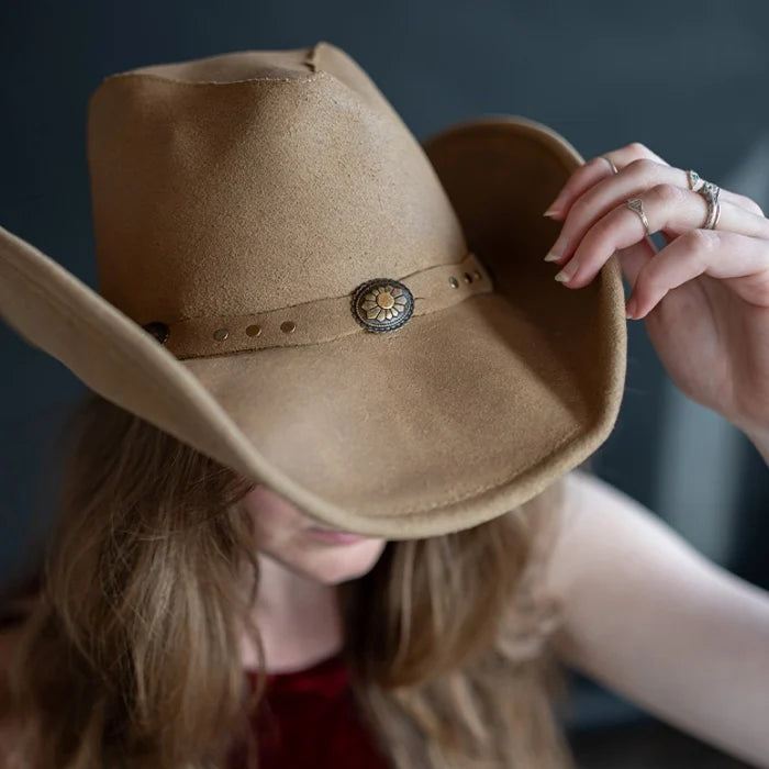 Silverton Dude Hat premium leather Western cowboy hat with decorative metal hatband and curved brim