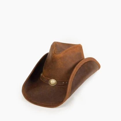 Brown Silverton Dude Hat in premium leather with curved brim and decorative metal-accented hatband