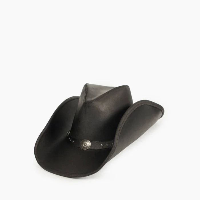 Black Silverton Dude Hat with curved brim and decorative leather hatband