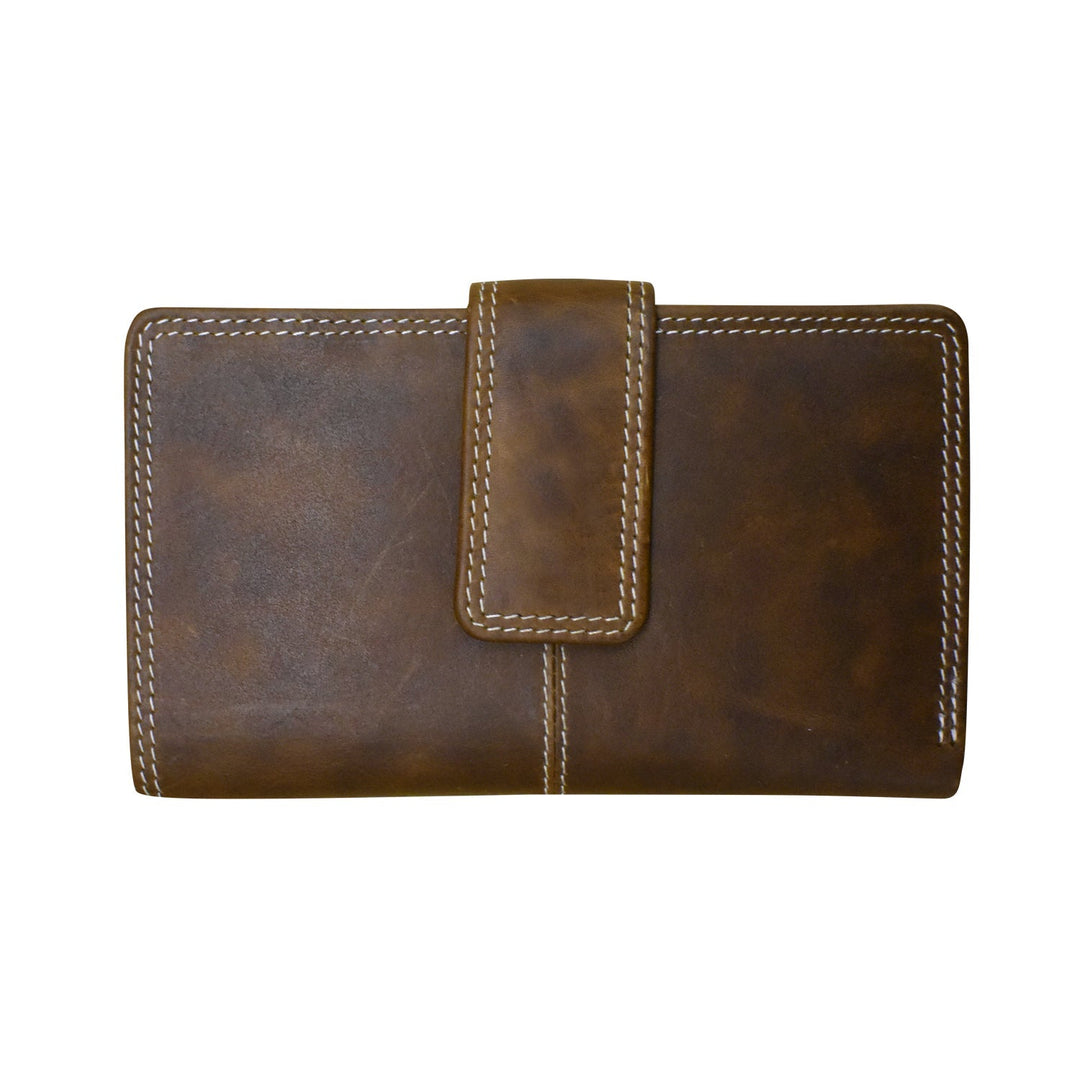 brown leather midi wallet with secure tab closure and white stitching detail