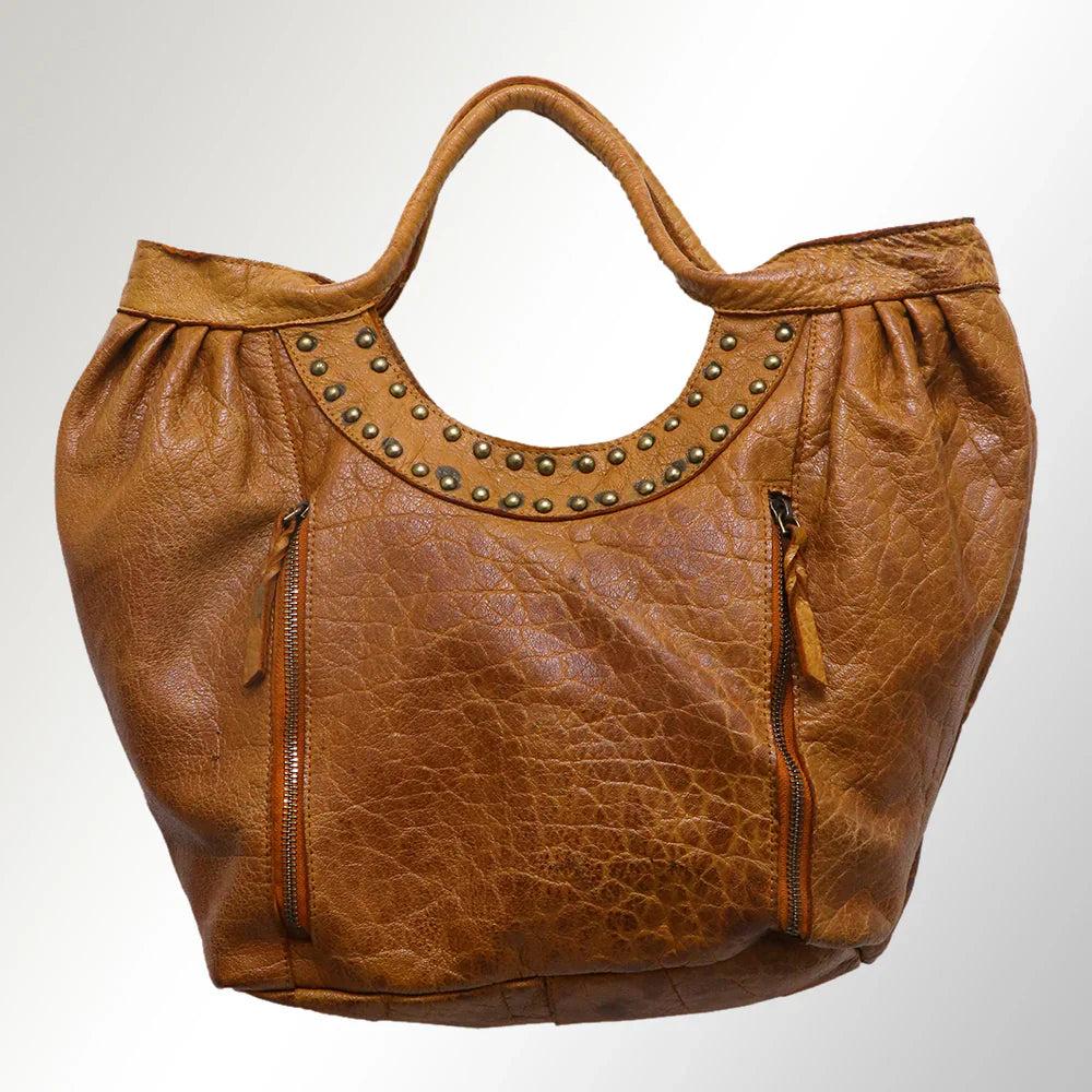Premium full-grain leather Never Mind Tote NMBGM101D with durable YKK zippers and decorative rivets.
