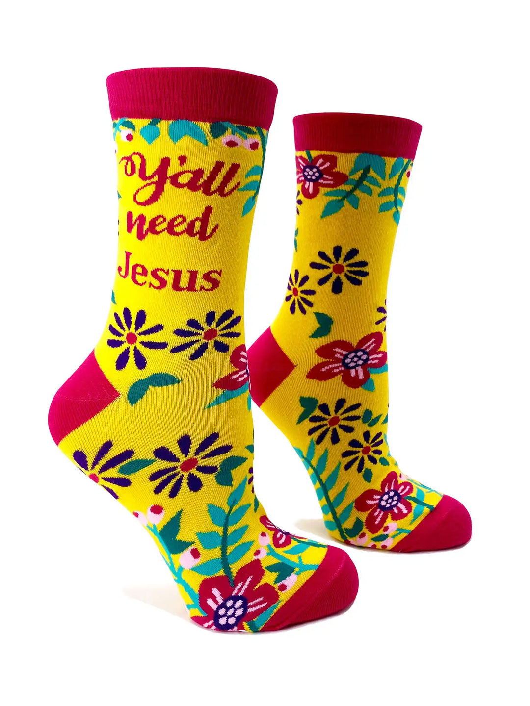 Bright yellow women's crew socks with red cuff, heel, and toe, floral patterns, and the phrase "Y’all Need Jesus" in red text.