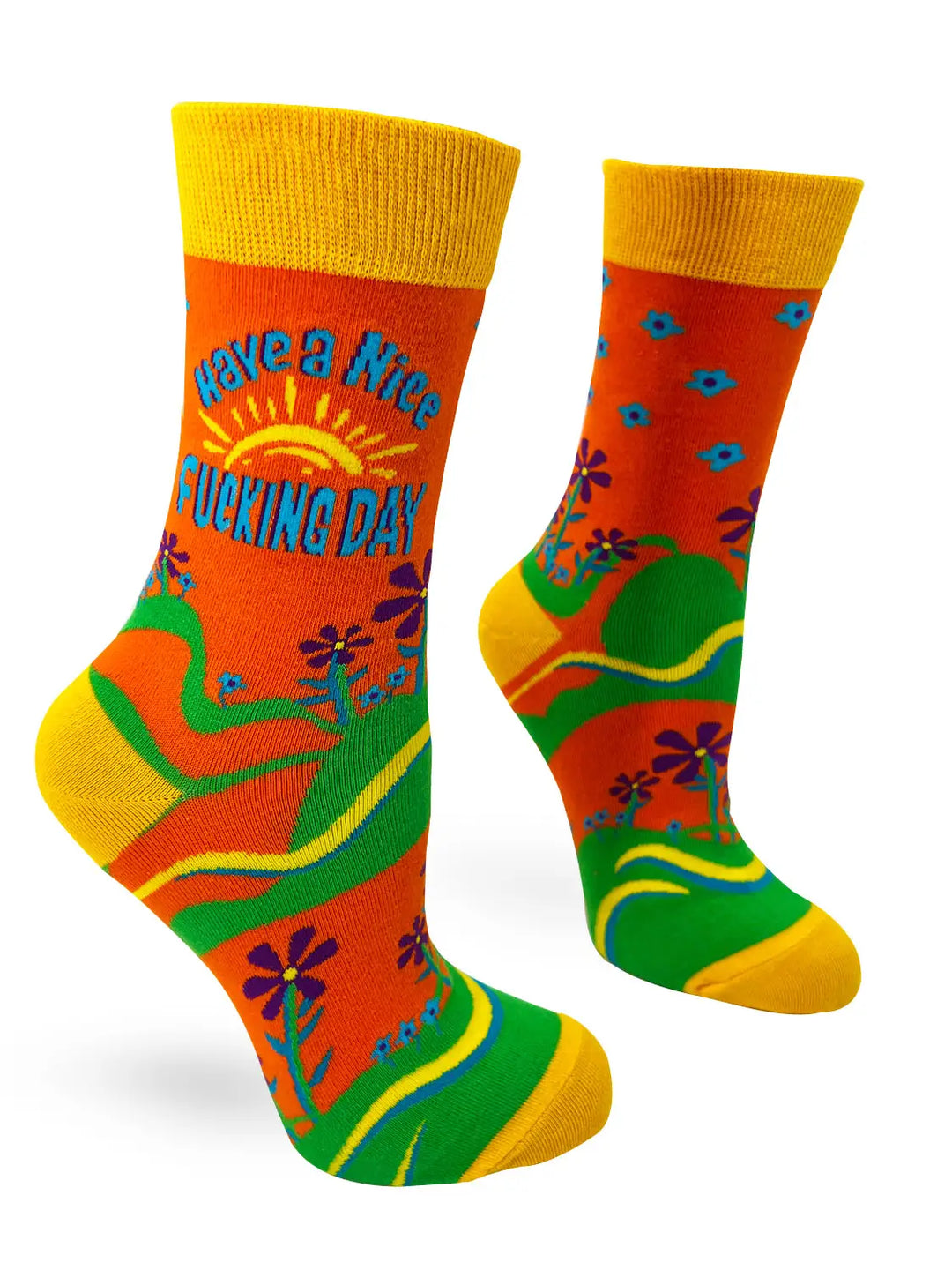 Colorful women's crew socks with bold "Have A Nice F***ing Day" text, floral and wavy design, yellow cuffs and toes, stylish and comfy.