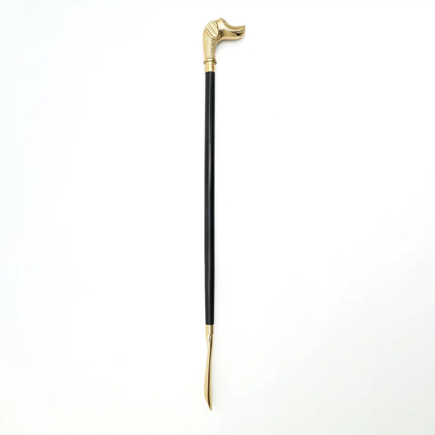 Metal handle wooden shoehorn with dog-shaped handle and black shaft for easy shoe wearing.