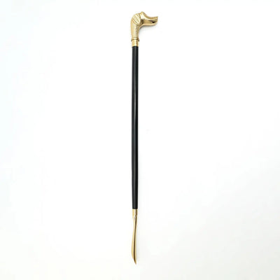 32-inch metal handle wooden shoehorn with black finish and decorative top handle