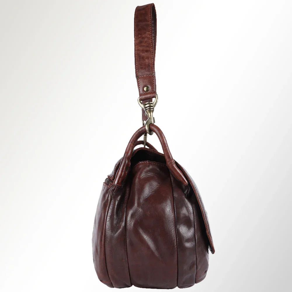 Spaghetti Western Crossbody Messenger Bag SWC156BRN, handcrafted leather, brown, side view.