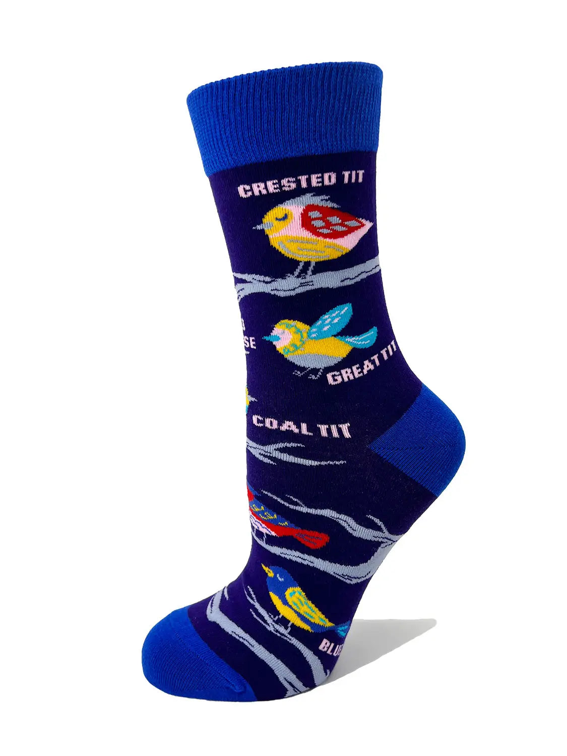 Nice T**s Ladies' Novelty Crew Socks with cute bird designs in blue, cotton blend, size 5-10, machine washable.
