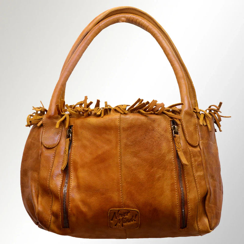 Premium full grain leather tote with adjustable strap, YKK zippers, decorative rivets; size 10x11x5 inches.