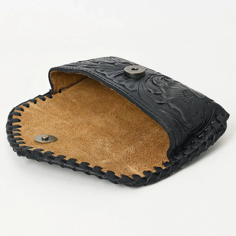 Handcrafted American Darling leather sunglasses case with antique finish and detailed carving.