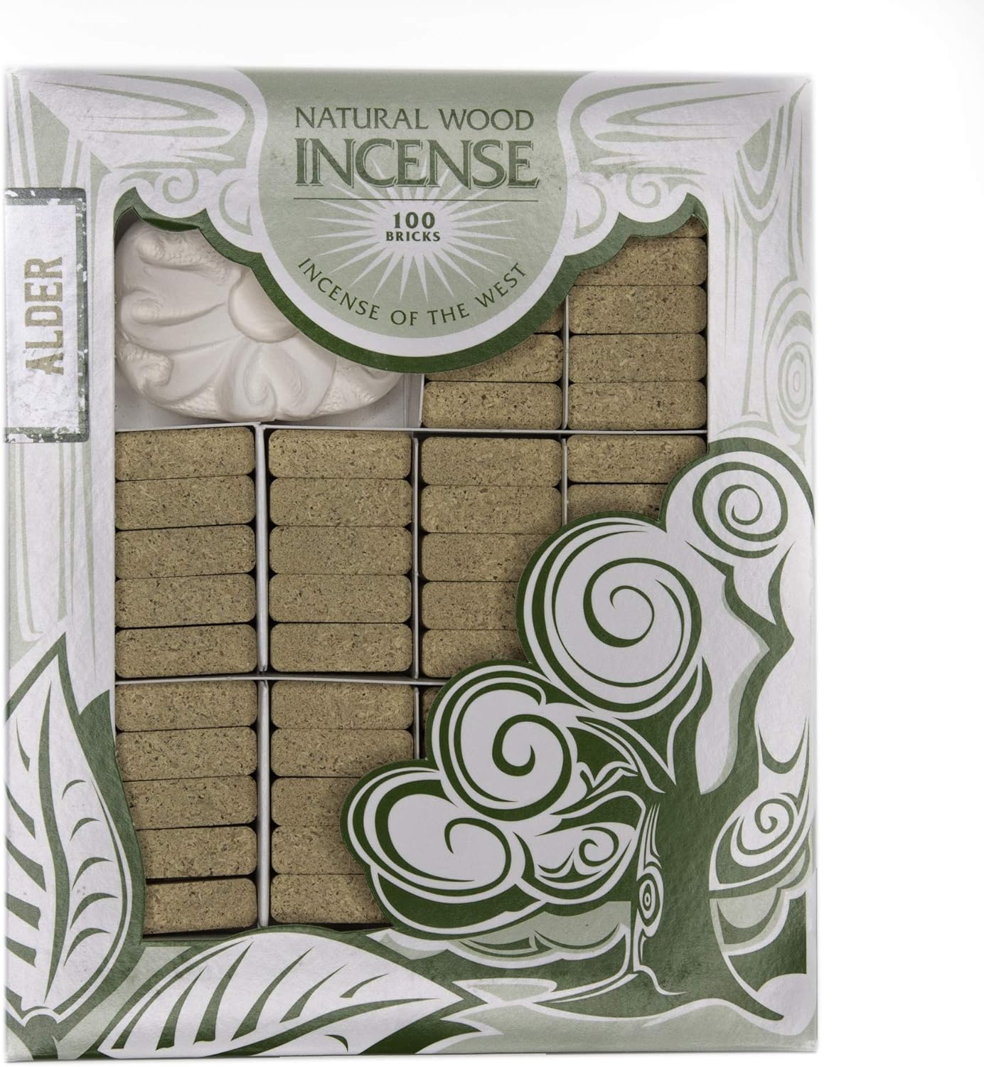 100 pack of natural wood incense bricks with aromatic fragrances and free holder.