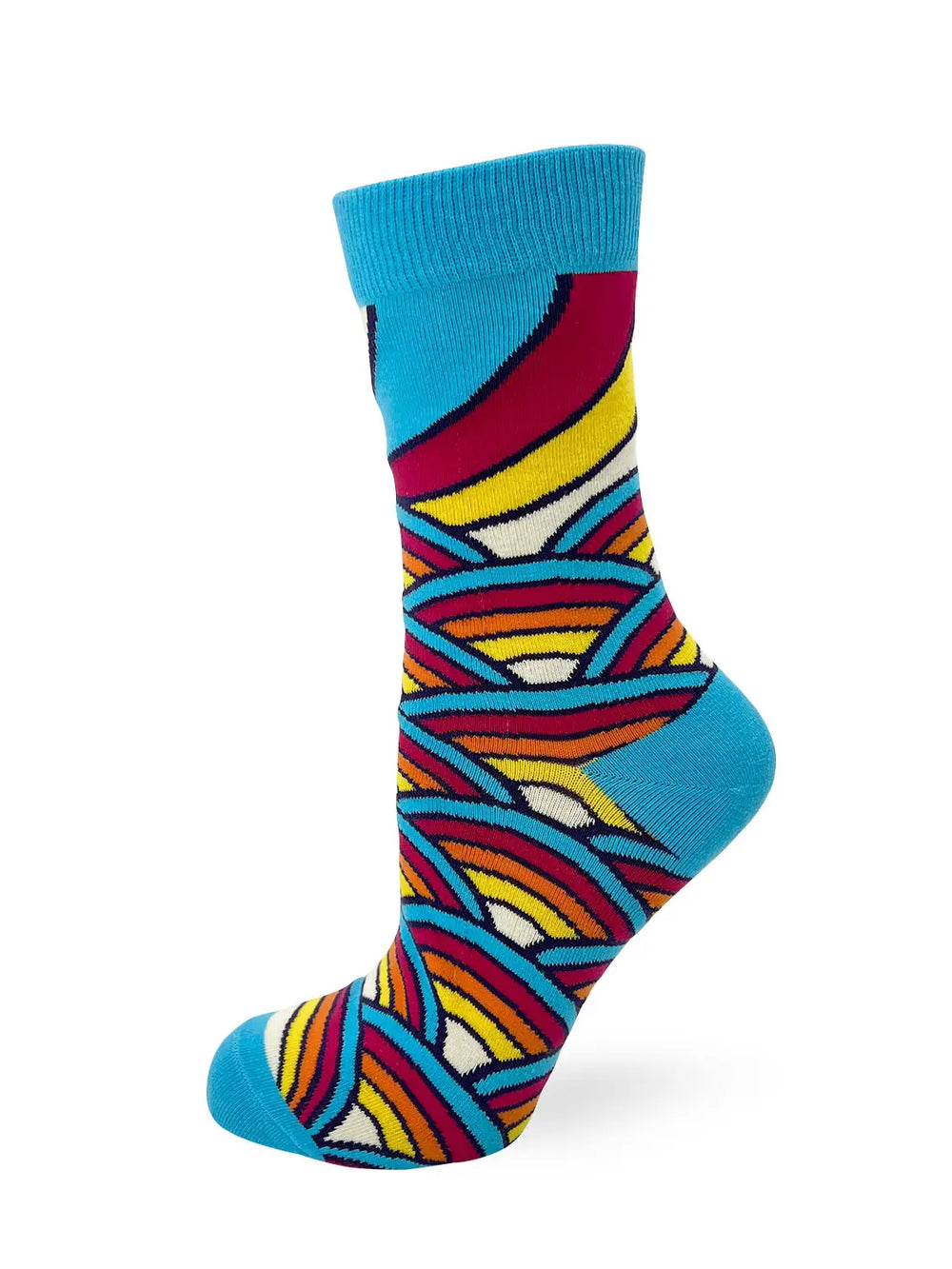 Colorful women's sassy novelty crew sock with bold geometric patterns and vibrant blue accents.