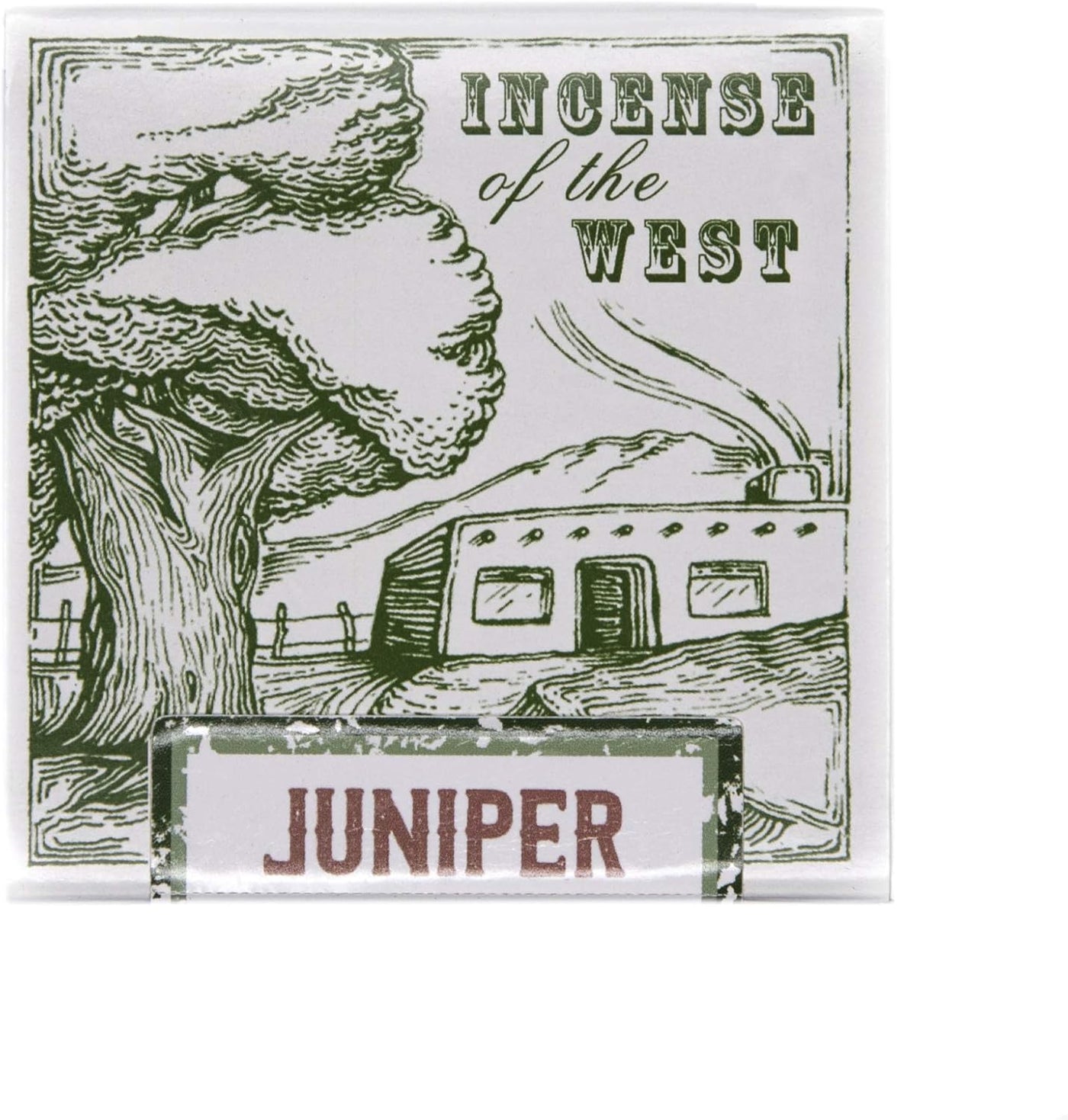 Natural wood incense bricks packaging featuring Juniper scent with traditional artwork of a Western cabin and tree.