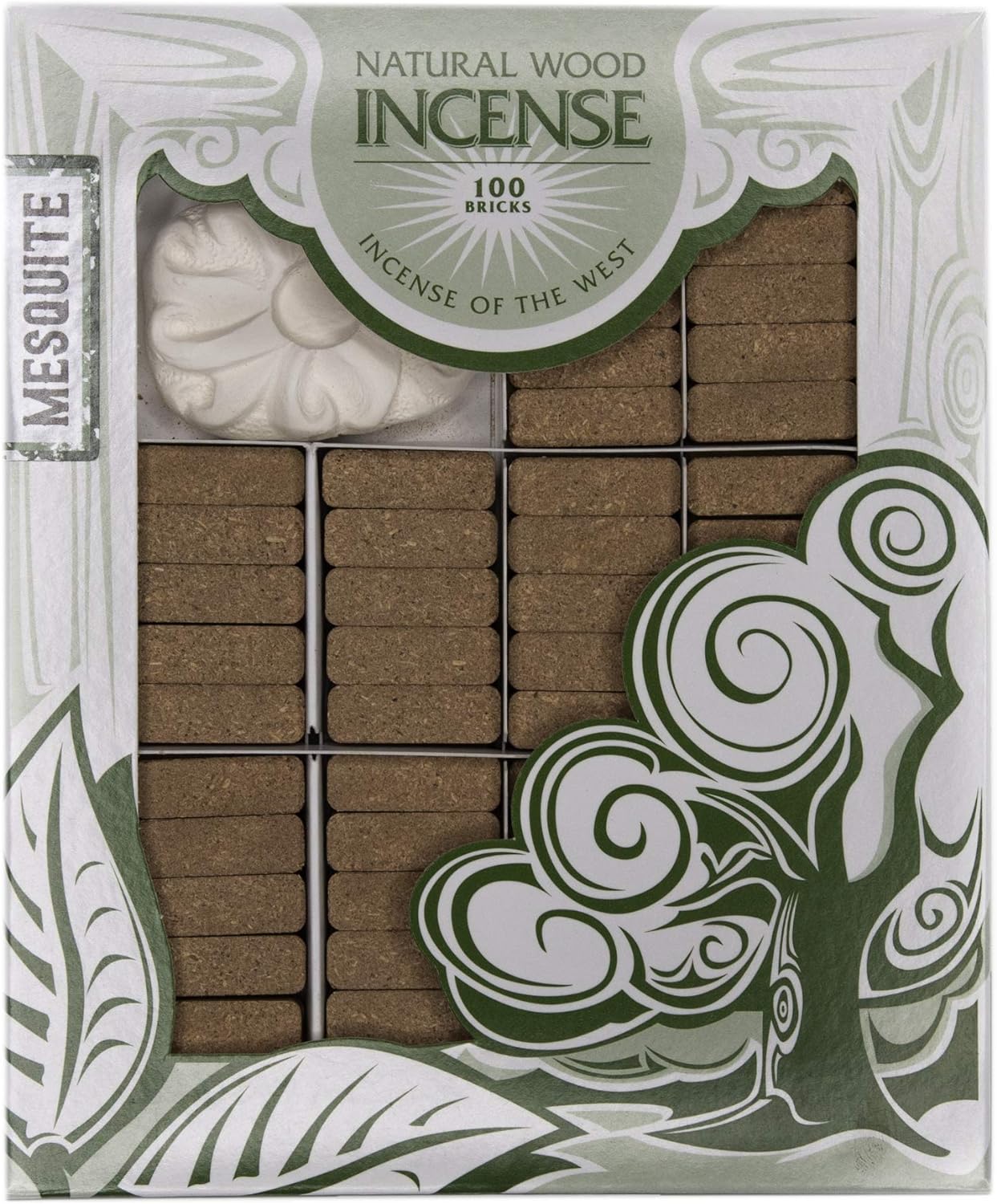 Natural wood incense bricks pack with decorative holder, 100 count.