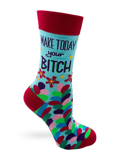 Colorful women's crew sock with bold "Make Today Your B****" text and floral design, size 5-10, comfortable cotton blend