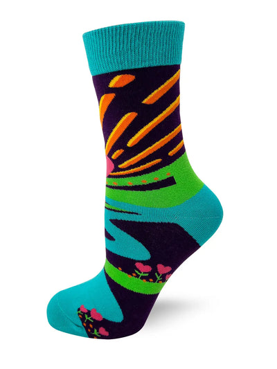 Women's colorful crew socks with bold abstract design, "Today's Gonna Be a Kick-A** Day" motivational theme, comfortable fit size 5-10.