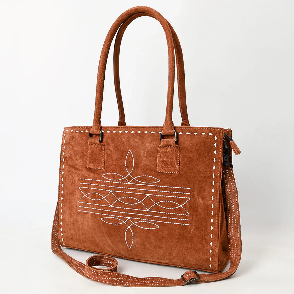American Darling Tote ADBG1553C in premium suede and full grain leather with adjustable strap and YKK zipper closures.