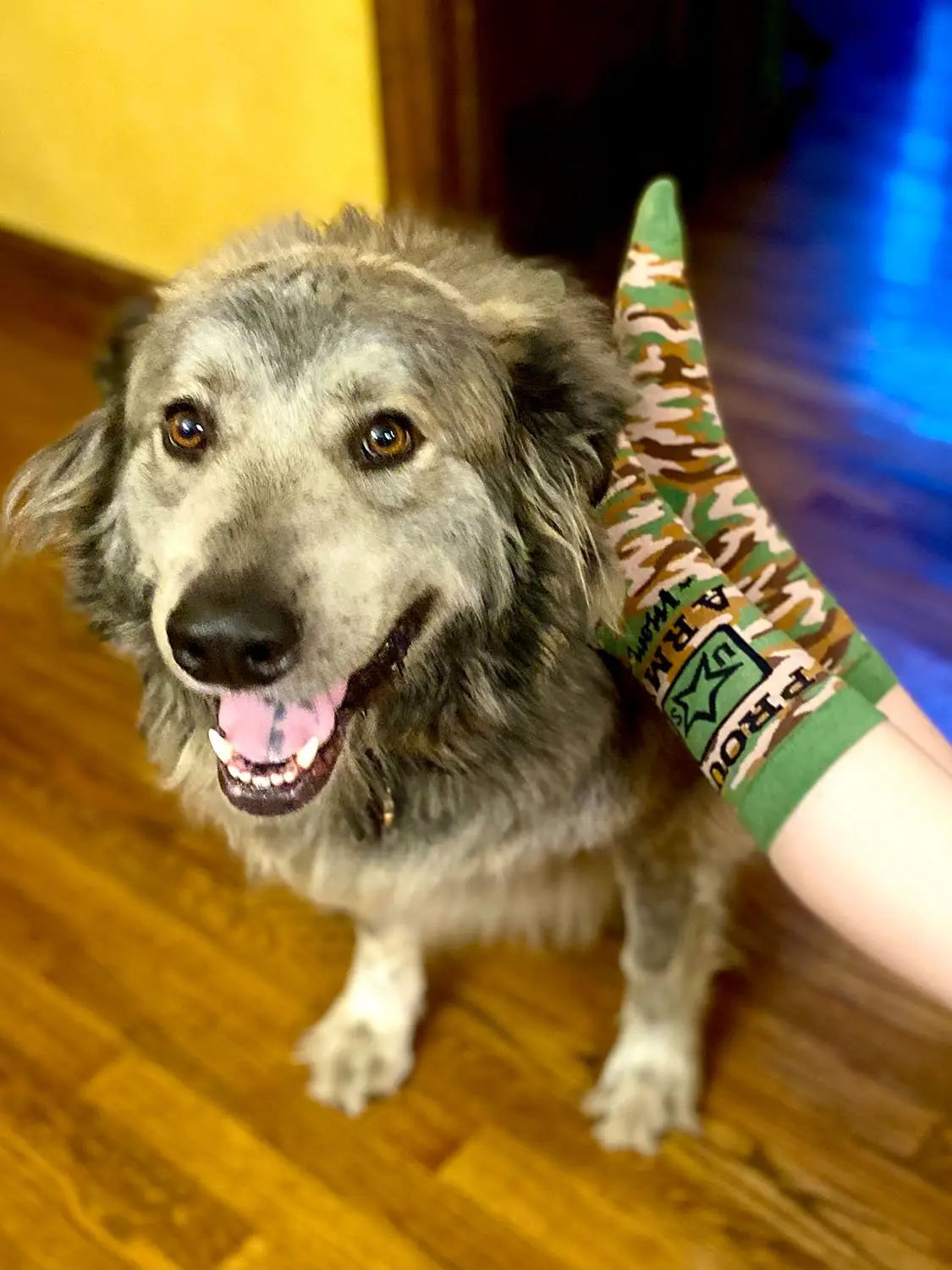 Woman wearing "Proud US Army Mom" camo crew socks next to a happy dog on wooden floor