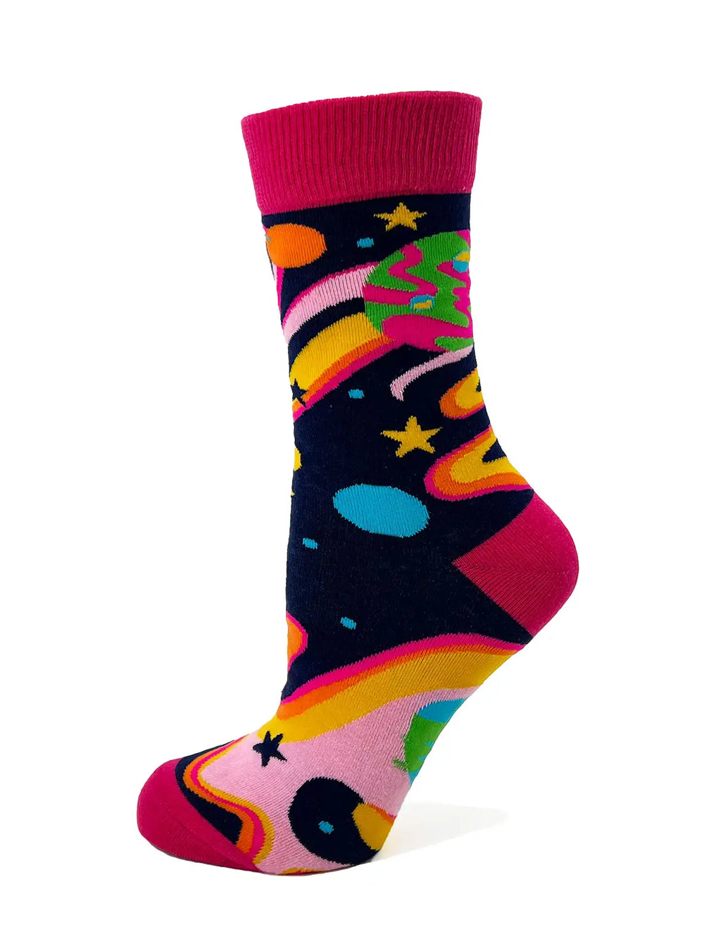 Women's novelty crew sock with colorful outer space planets and stars design, featuring the phrase "I Need More Space"