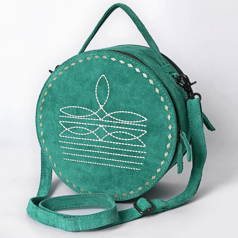 American Darling Canteen Bag ADBG1549B in turquoise suede leather with adjustable strap and antique finish metal fittings.