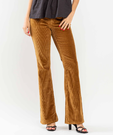 Judy Blue Jeans mid rise overdyed tan corduroy bootcut pants with 9.75" rise and 32.5" inseam